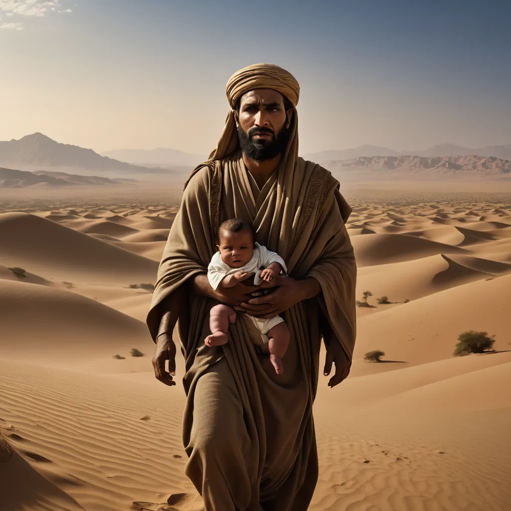a man in a desert holding a baby in his arms and a desert landscape in the background with mountains, art photography, egyptian art, Amir Zand, cinematic photography