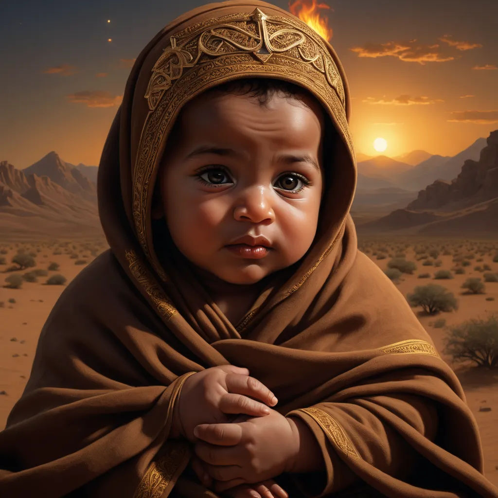 a painting of a baby wearing a brown outfit and a brown shawl with a yellow sun in the background, photorealism, a photorealistic painting, Anne Geddes, highly detailed digital painting