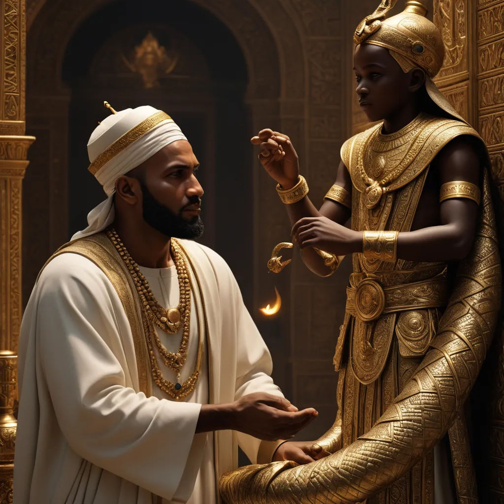 a man in a white robe and a gold outfit standing next to a statue of a man in a white robe, afrofuturism, a detailed matte painting, Cedric Seaut (Keos Masons), vfx