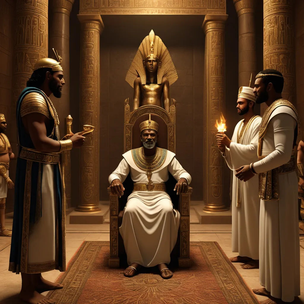 a group of men standing around a golden throne with a man sitting on it and holding a candle in his hand, afrofuturism, egyptian art, Altoon Sultan, global illumination