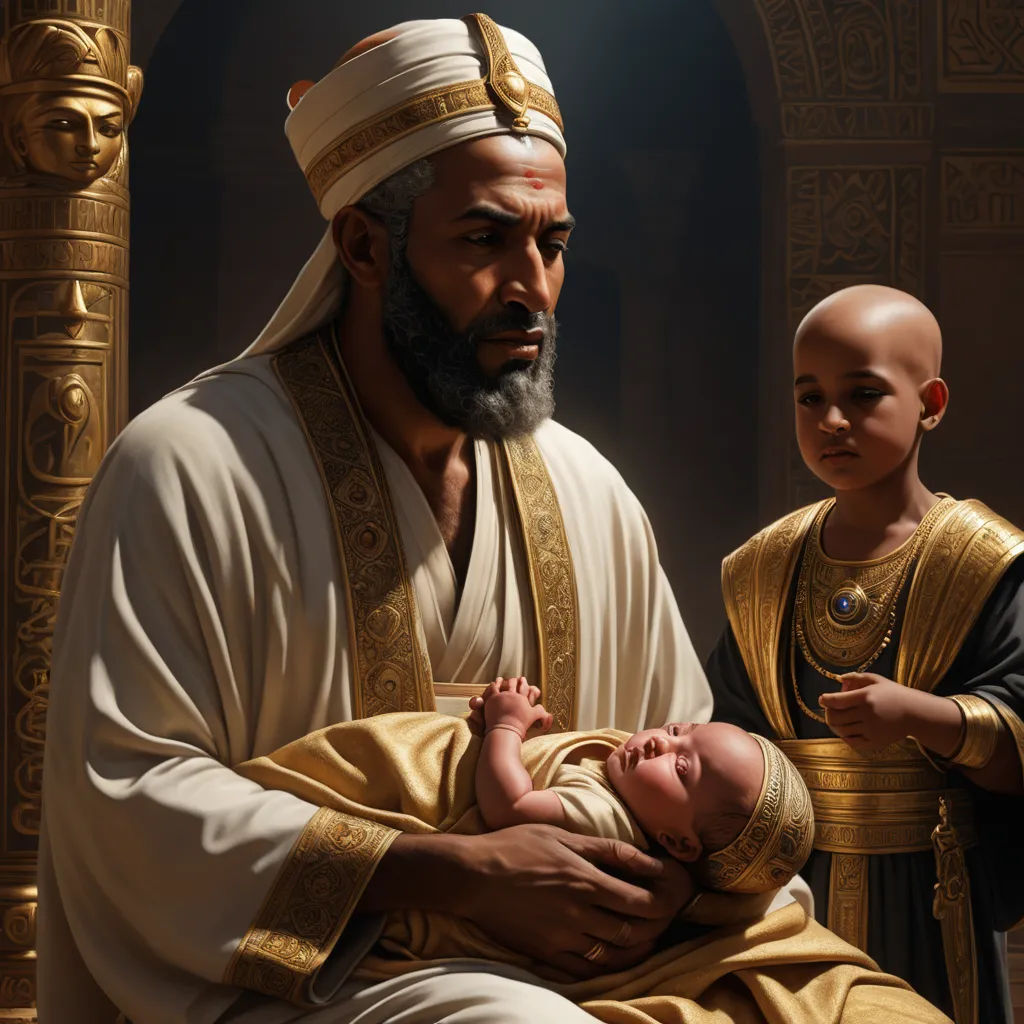 a painting of a man holding a baby in his arms and a baby in his lap, with a bald head and a gold outfit, classical realism, an ultrafine detailed painting, Esaias Boursse, highly detailed digital painting