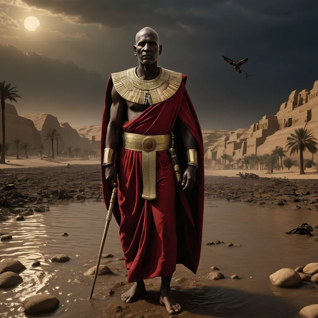 a man in a red and gold costume standing in the sand with a sword in his hand and a bird flying in the sky, afrofuturism, a detailed matte painting, Derold Page, unreal engine render