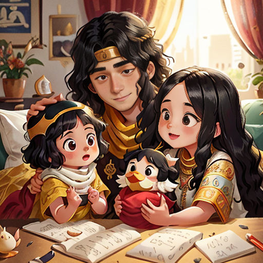 a man and two children are sitting at a table with books and a doll in front of them, and a cat is on the table