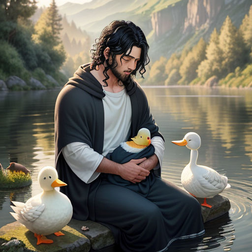 a man sitting on a rock with ducks in front of him and a mountain in the background, with a lake in the foreground