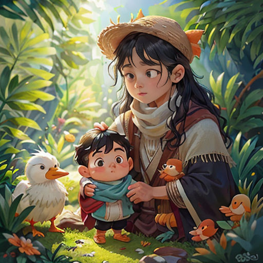 a woman holding a child in a forest with birds around her and a bird on her shoulder, and a bird on her shoulder