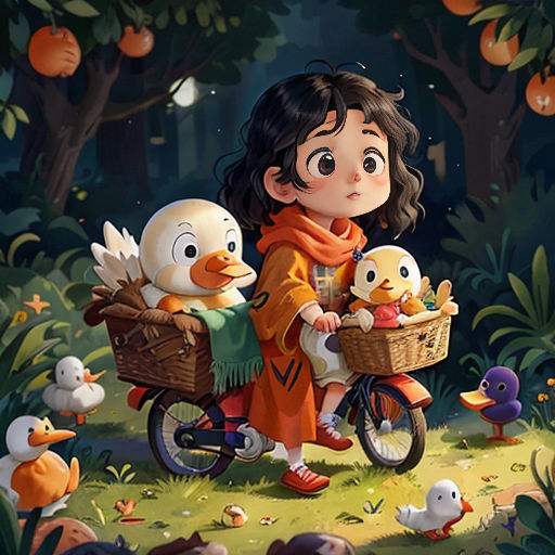 a girl riding a bike with ducks and ducks in the basket on the back of it, and a duckling in the basket on the front of the bike