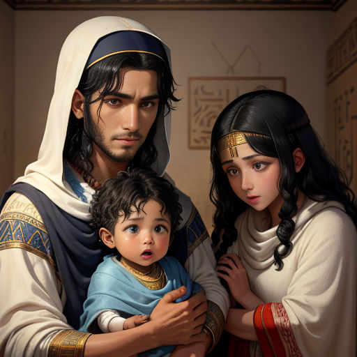 a painting of a man and woman with a child in a room with a painting of a man holding a child