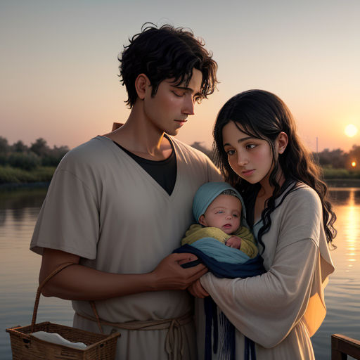 a man and woman holding a baby near a body of water at sunset or dawn with a basket in front of them