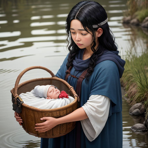 a woman holding a basket with a baby in it in a lake with grass and rocks in the background