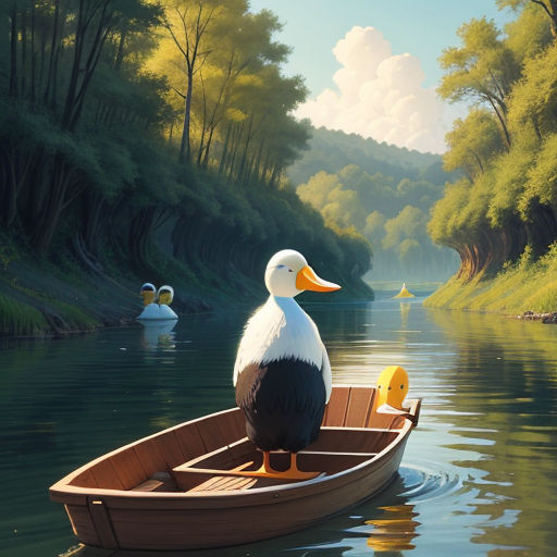 a duck sitting on a boat in a river with ducks in the background and trees in the background,