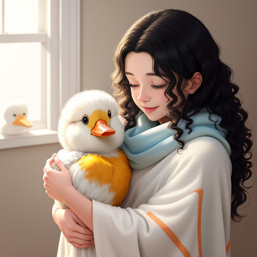 a woman holding a duck in her arms near a window with a duck duckling on it's arm