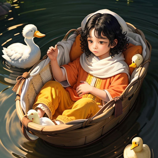 a painting of a girl in a boat with ducks in the water and a duckling in the water