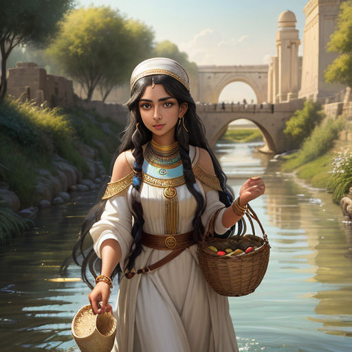 a woman in a white dress holding a basket of fruit and a basket of fruit in her hand while walking down a river