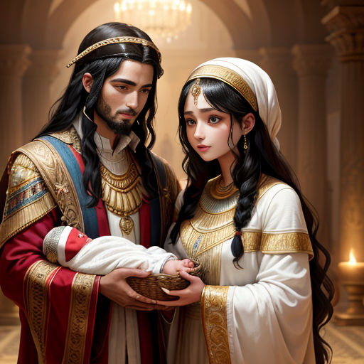 a painting of a man and woman dressed in roman clothing holding a basket of food in their hands and a baby in their lap