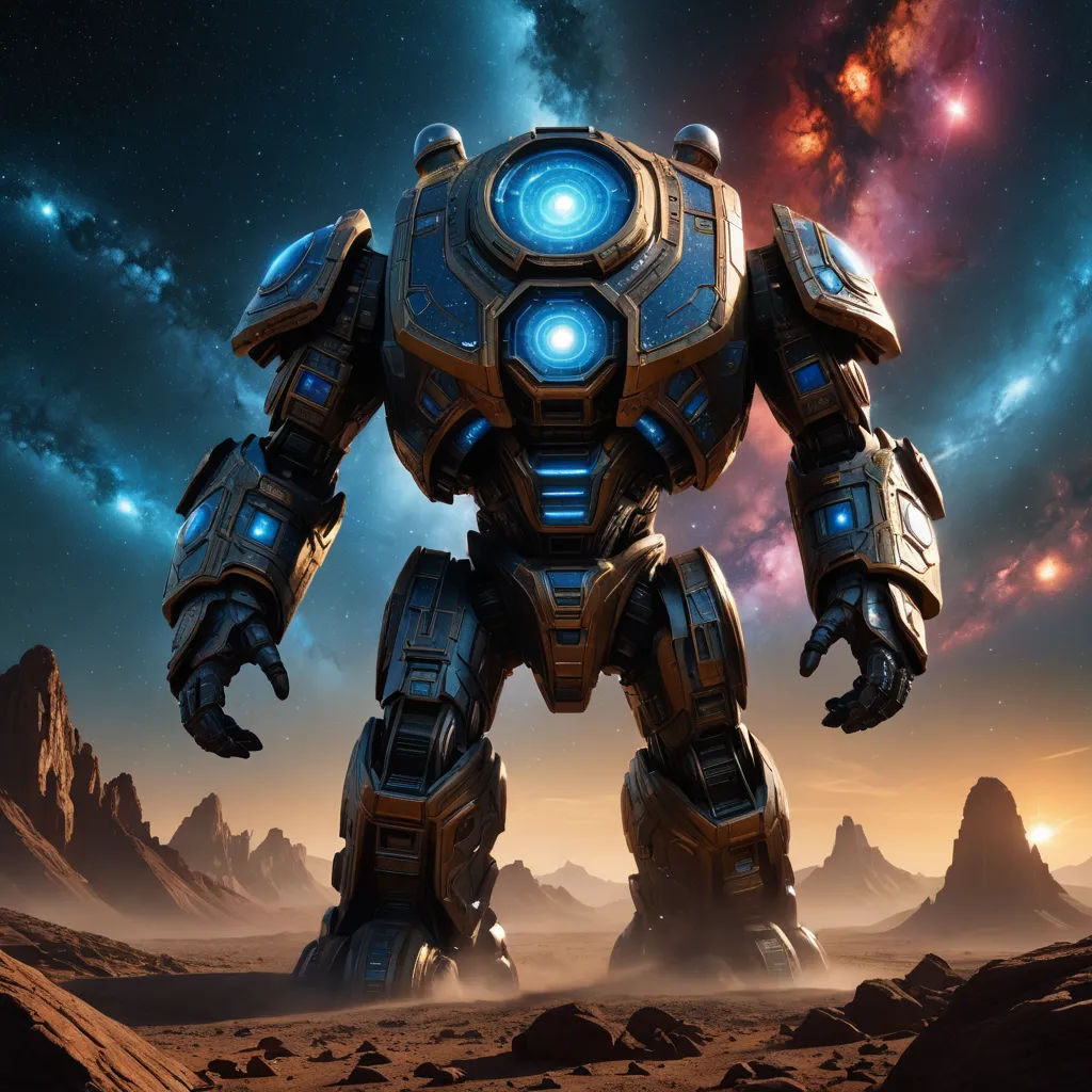 a sci - fi fi fi robot standing in a desert landscape with a distant star in the background and a distant star in the sky, space art, computer graphics, Bedwyr Williams, mecha