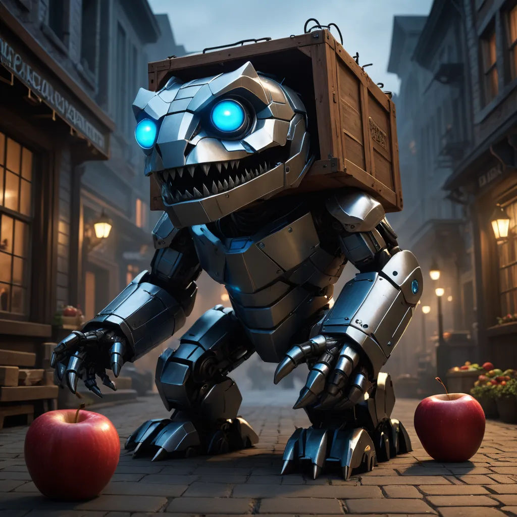 a robot with glowing eyes standing in front of an apple on a street with buildings and a lamp post, sots art, an ambient occlusion render, Adam Rex, unreal 5 render