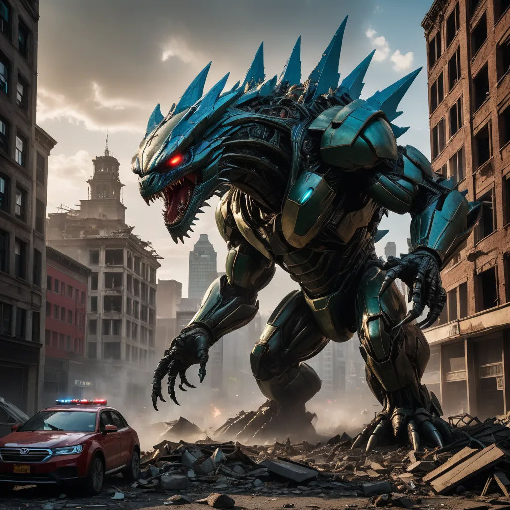 a giant robot with spikes on its head standing in a city street next to a red car and a red car, photorealism, concept art, Adam Rex, weta digital