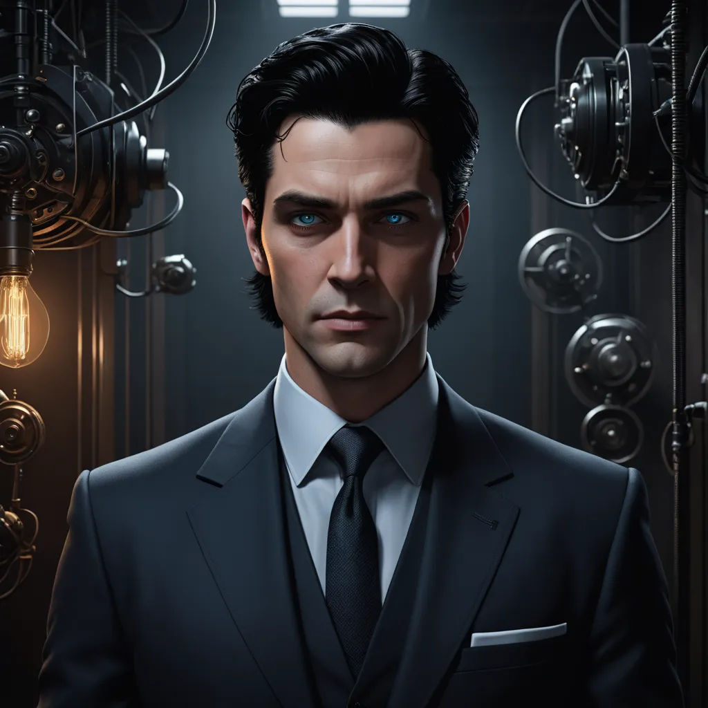 a man in a suit and tie standing in front of a doorway with a light bulb on it's side, serial art, a character portrait, Cedric Seaut (Keos Masons), character portrait