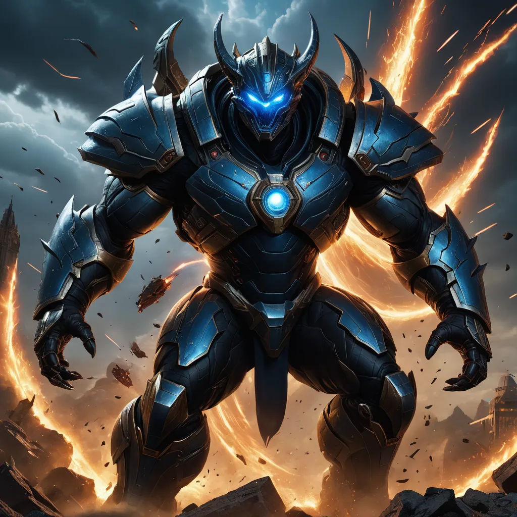 a robot with a massive body and a massive head in front of a cloudy sky with lightnings and rocks, fantasy art, concept art, Clint Cearley, magic the gathering artwork