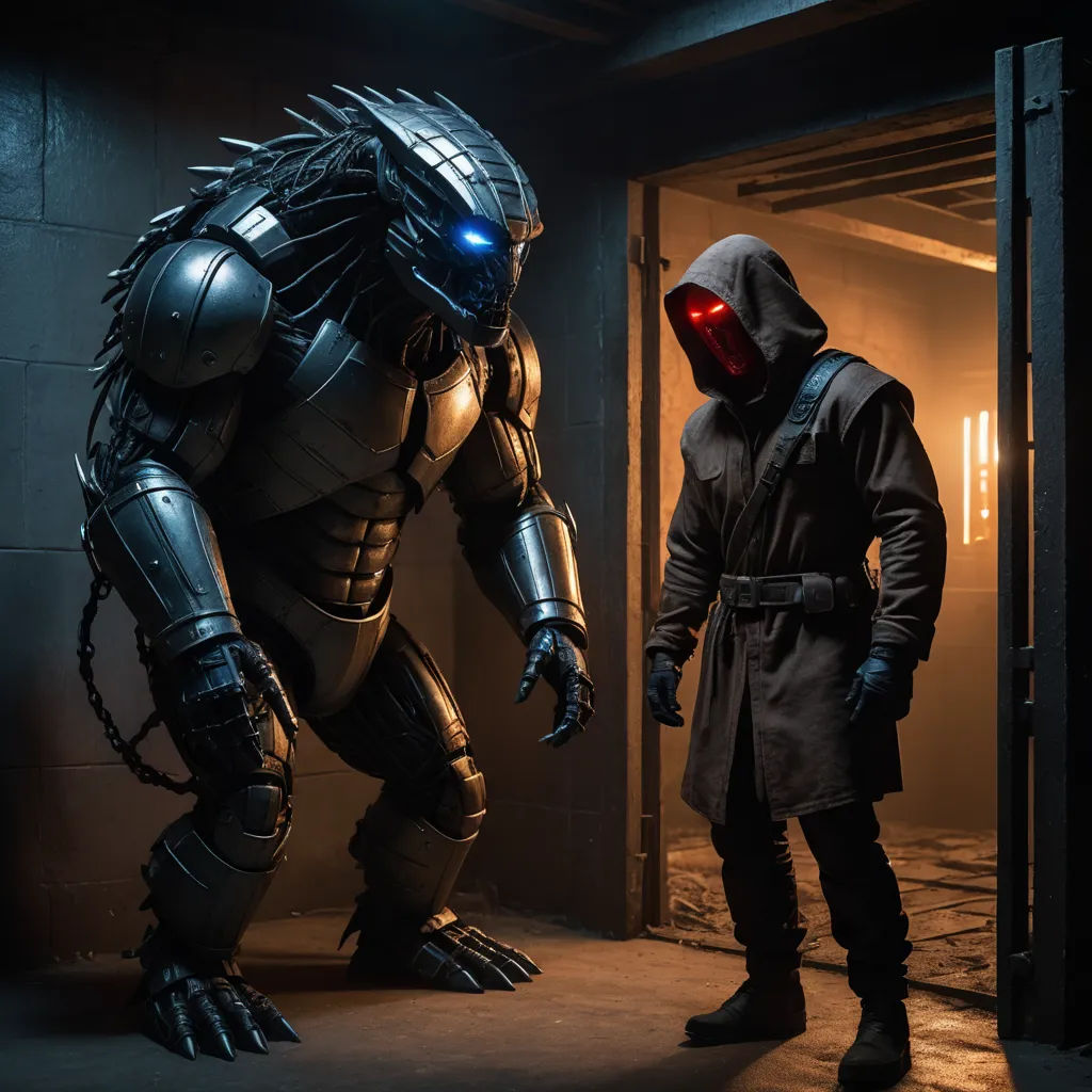 a man in a suit and a robot in a hallway with a red light on his face and a man in a black coat, private press, concept art, Altichiero, promotional image