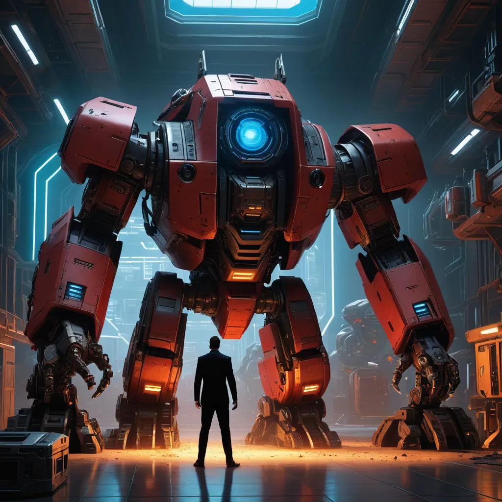 a man standing in front of a giant robot in a sci - fi fi fi fi fi fi fi fi fi fi fi fi fi fi fi fi fi fi fi fi fi fi fi fi fi fi fi fi fi fi fi, sots art, concept art, Eve Ryder, unreal 5