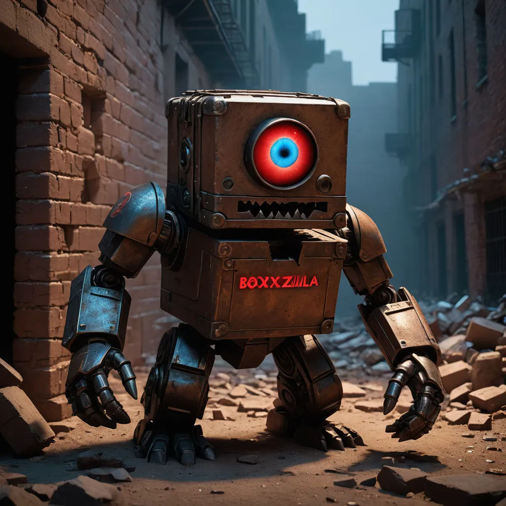 a robot with a red eye standing in a alleyway in a city with rubble and brick walls and a brick wall, context art, an ambient occlusion render, Filip Hodas, unreal 5 render