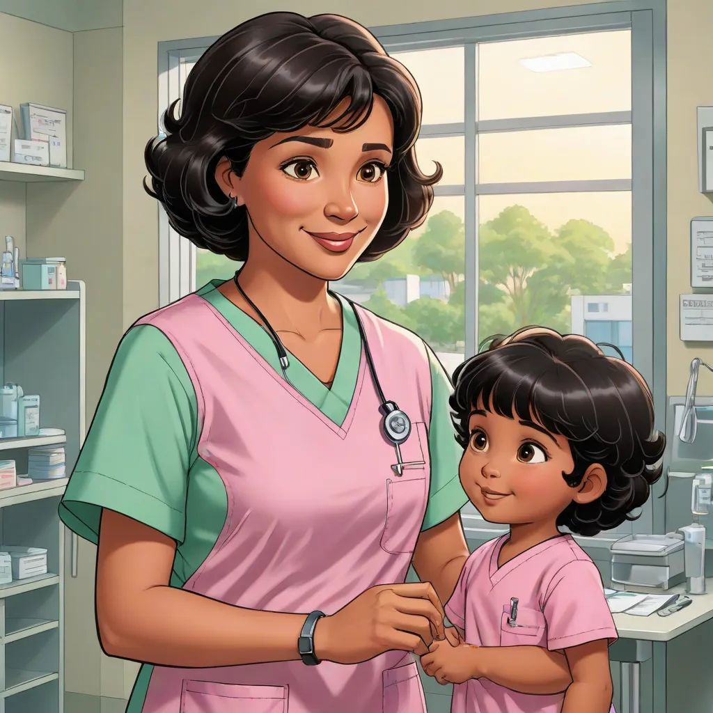 a cartoon of a woman and a child in a pharmacy room with shelves of medicine equipment behind them and a window, remodernism, a storybook illustration, Araceli Gilbert, kinkade