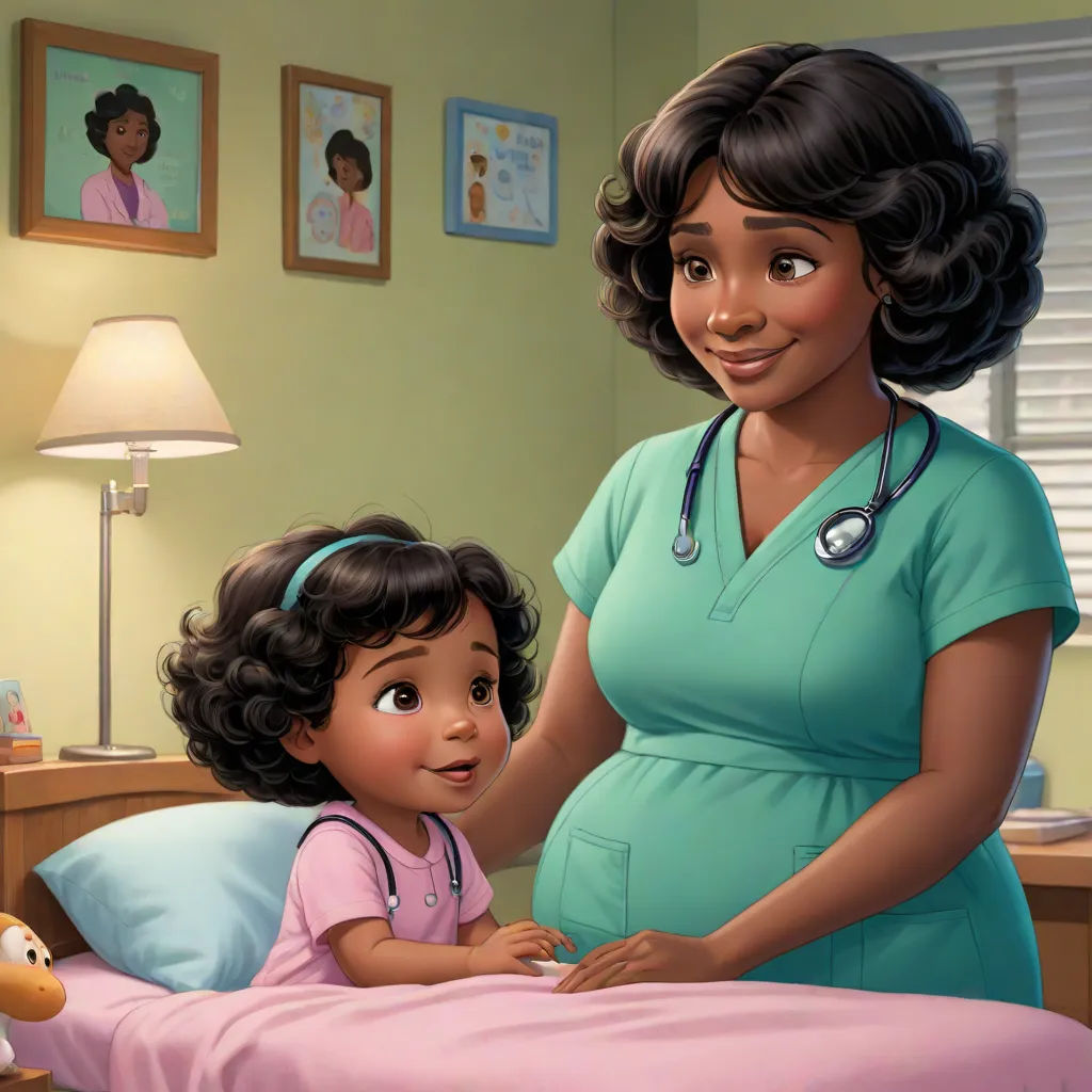 a cartoon of a woman and a child in a hospital bed with a nurse in the background and a teddy bear, american scene painting, a storybook illustration, Ella Guru, pixar and disney animation