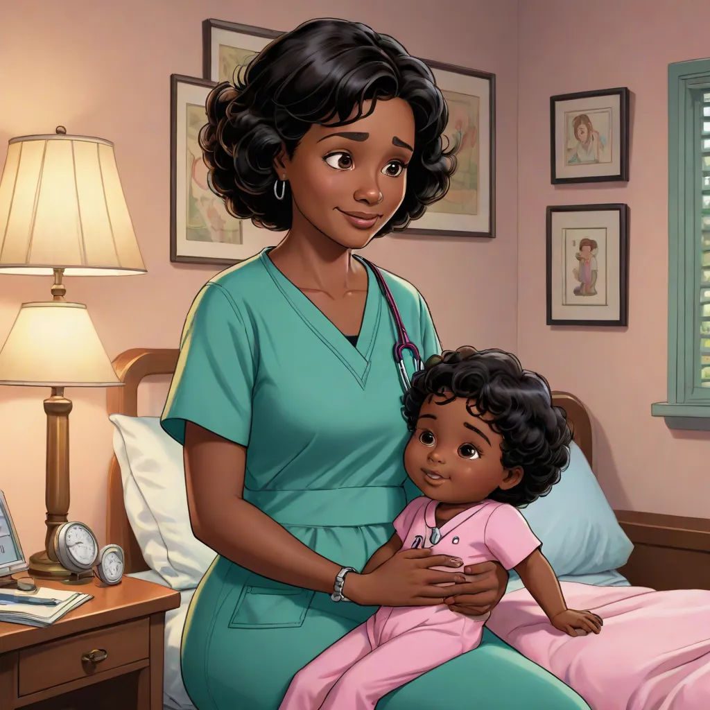 a woman in a hospital gown holding a child in a bed with a lamp on the side of the bed, sots art, a storybook illustration, Dorothy King, pixar and disney animation