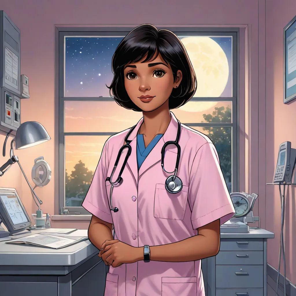 a cartoon of a nurse standing in a room with a computer and a laptop on the desk and a window, sots art, a character portrait, Eve Ryder, character portrait