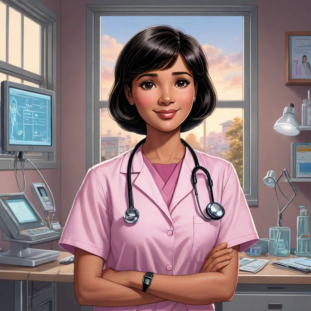 a cartoon of a nurse standing in a hospital room with her arms crossed and a monitor on the desk, remodernism, a character portrait, Araceli Gilbert, character portrait