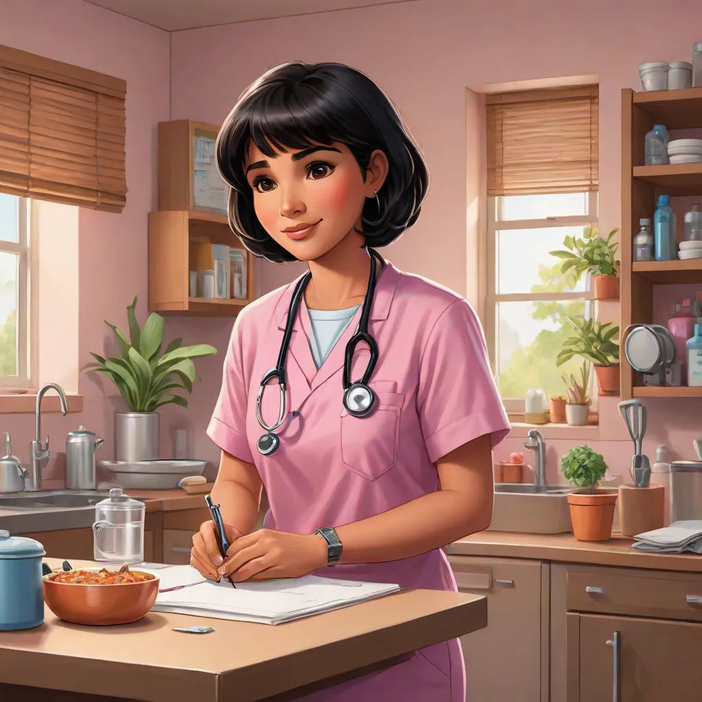 a cartoon of a nurse writing on a clipboard in a kitchen with a pot of cereal and a cup of coffee, american scene painting, a character portrait, Ada Gladys Killins, kinkade
