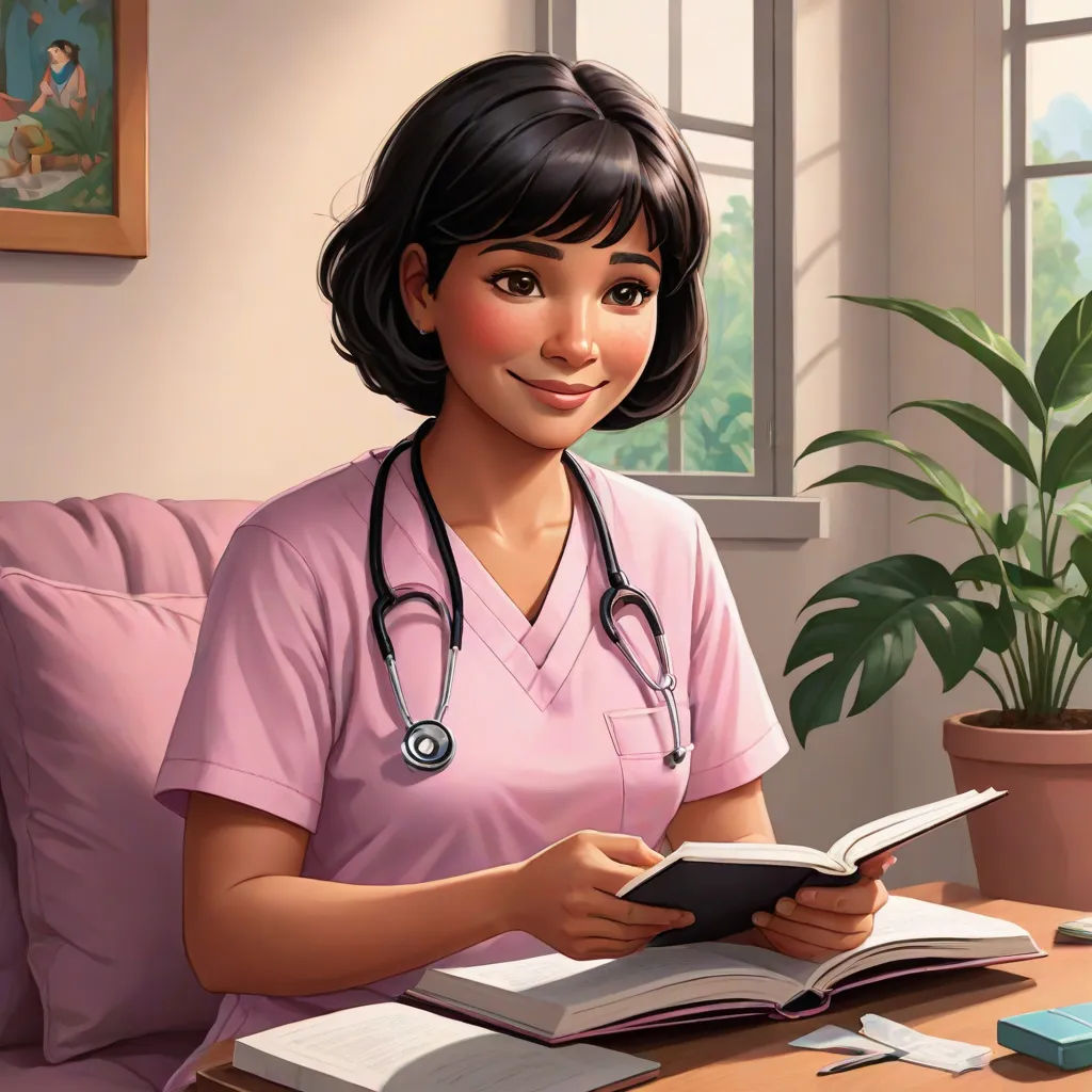 a cartoon nurse reading a book on a couch with a potted plant in the background and a potted plant in the foreground, american scene painting, a character portrait, Ella Guru, kinkade