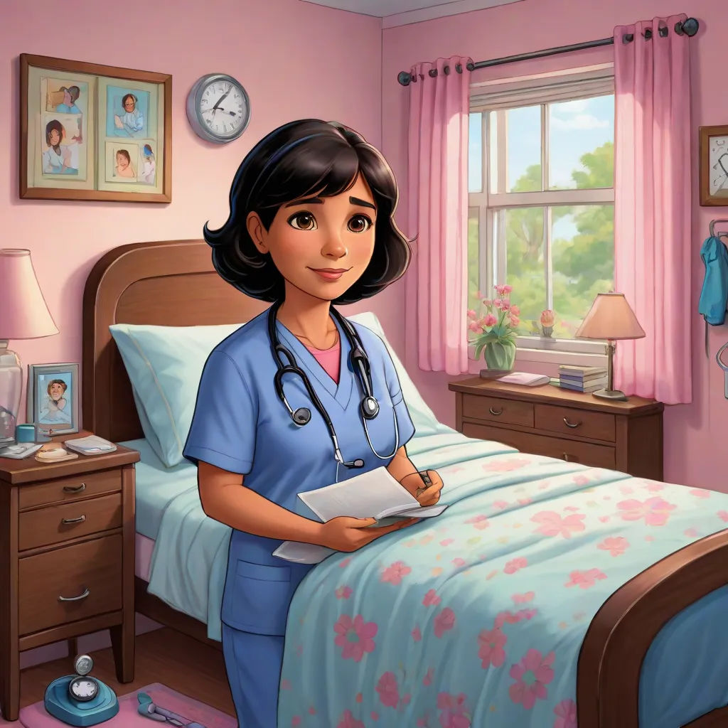a cartoon nurse is standing in a bedroom with a bed and a desk with a lamp on it and a clock on the wall, remodernism, a storybook illustration, Dr. Atl, kinkade