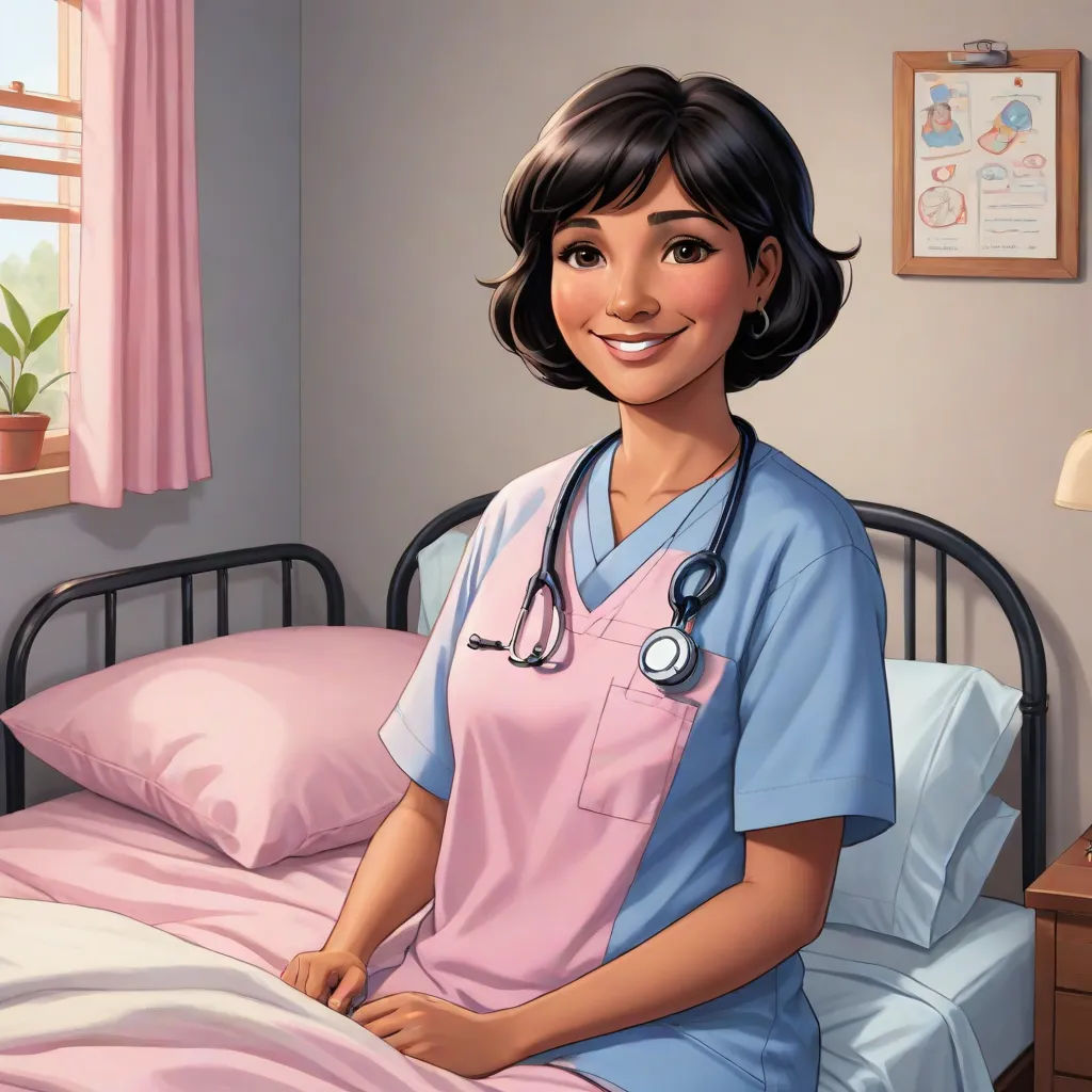 a cartoon nurse sitting on a bed in a hospital room with a pink blanket on it's bed, remodernism, a character portrait, Ada Gladys Killins, promotional image
