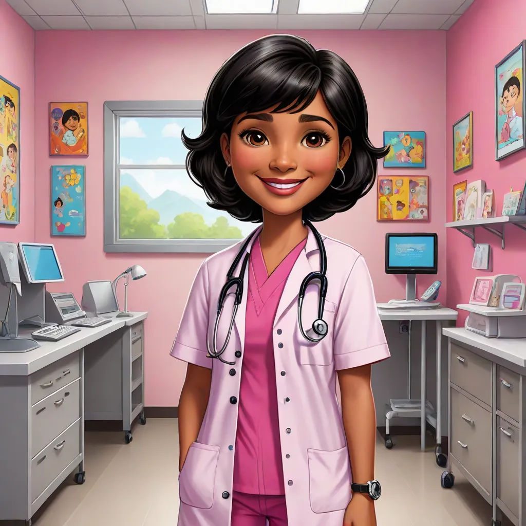 a cartoon nurse standing in a pink room with a computer on the desk and a computer monitor on the desk, remodernism, a character portrait, Dr. Atl, promotional image