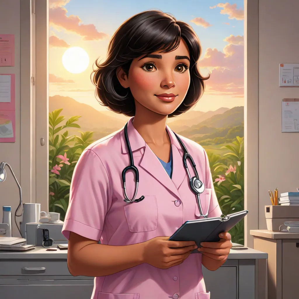 a cartoon of a nurse holding a tablet computer in a hospital room with a sunset in the background and a mountain view, sots art, a character portrait, Dr. Atl, kinkade
