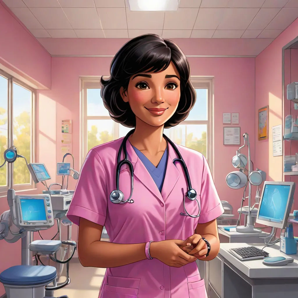 a cartoon nurse is standing in a pink room with a computer and medical equipment on the desks behind her, remodernism, a character portrait, Dr. Atl, promotional image