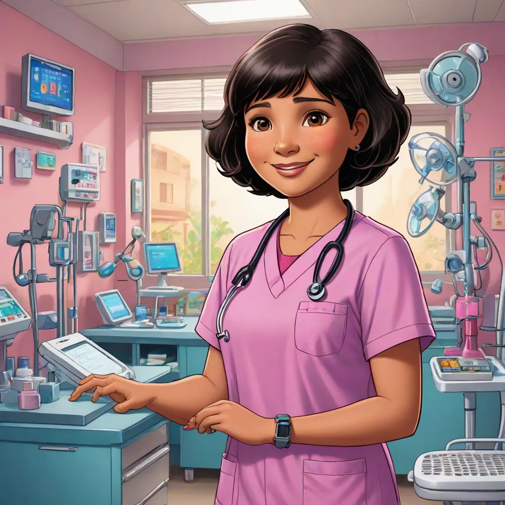 a cartoon nurse is holding a tablet in a hospital room with a laptop on the desk and a monitor on the desk, sots art, a character portrait, Constance Gordon-Cumming, promotional image