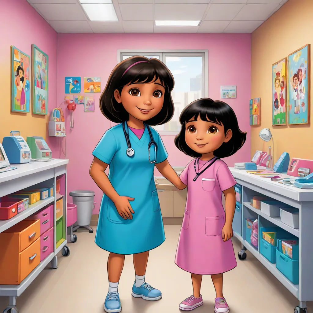 a cartoon of a nurse and a girl in a hospital room with a pink wall and a pink wall, figurativism, a digital rendering, Dr. Atl, promotional image
