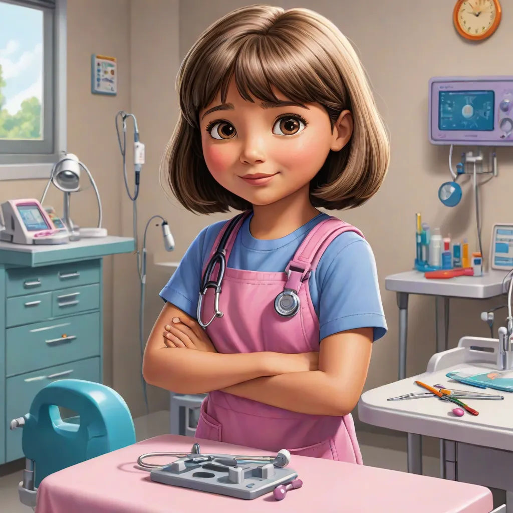 a cartoon girl in a hospital room with a pink table and chair and a laptop on it's desk, remodernism, a digital rendering, Clarice Beckett, promotional image