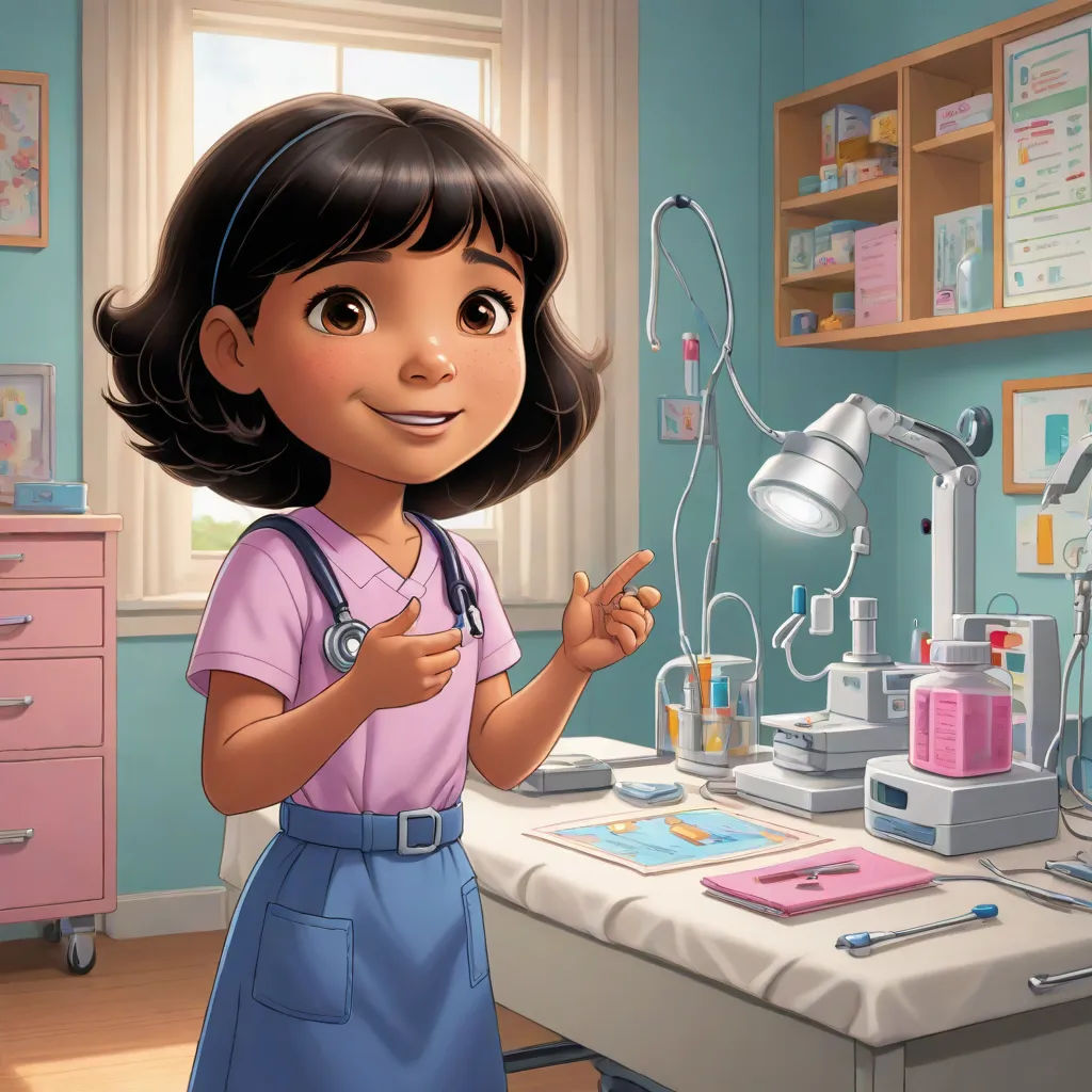 a cartoon girl in a hospital room pointing at a light bulb in the hospital room with a doctor's chair, photorealism, a digital rendering, Dr. Atl, promotional image