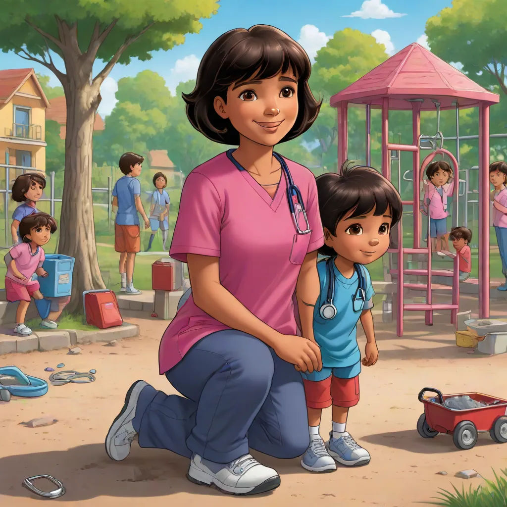 a woman and a child are in a park with a playground in the background and a group of children in the background, american scene painting, a storybook illustration, Dr. Atl, promotional image