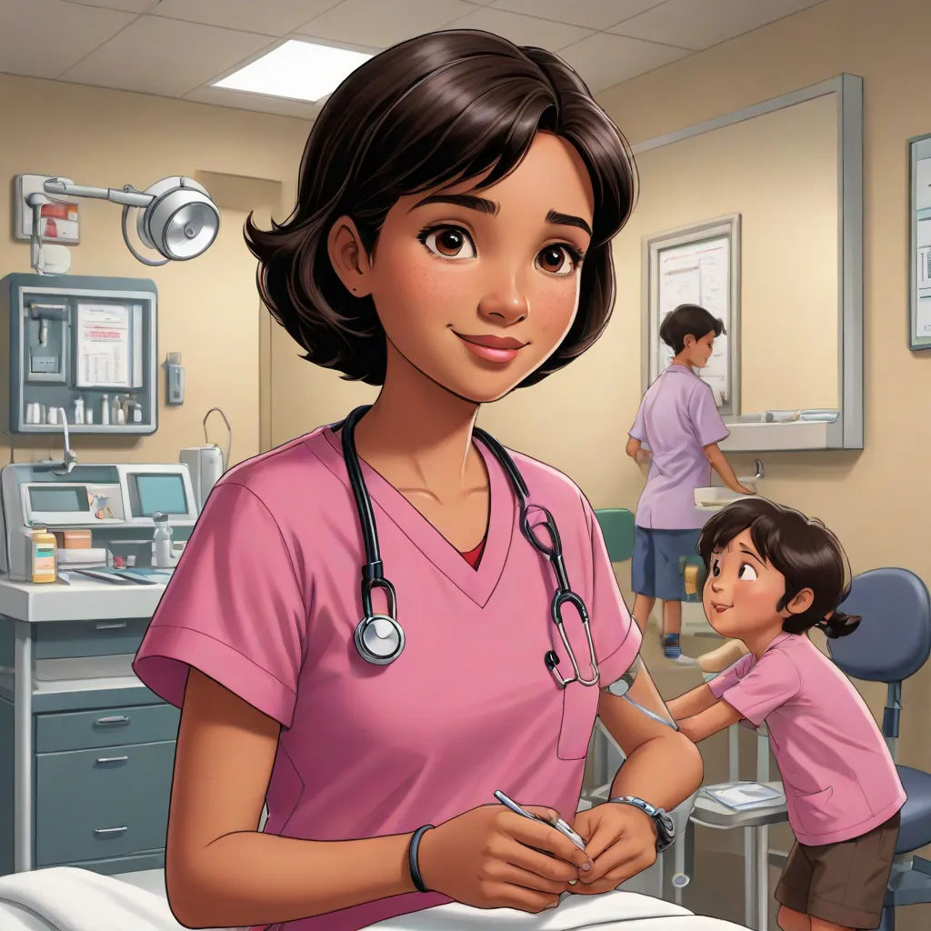 a cartoon of a nurse and a little girl in a hospital room with a doctor in the background and a doctor in the foreground, american scene painting, a comic book panel, Alexis Simon Belle, official art