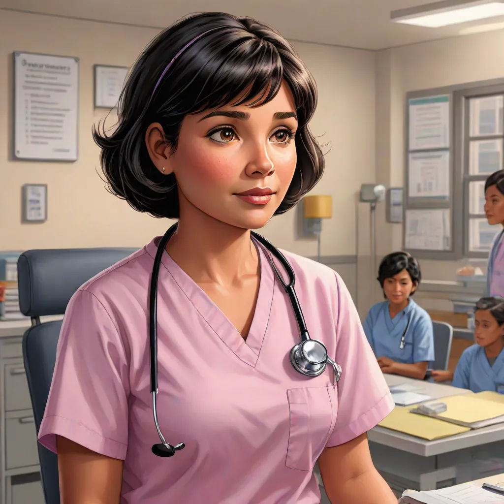 a cartoon of a nurse in a hospital setting with other nurses in the background and a doctor in the foreground, american scene painting, a character portrait, Araceli Gilbert, kinkade