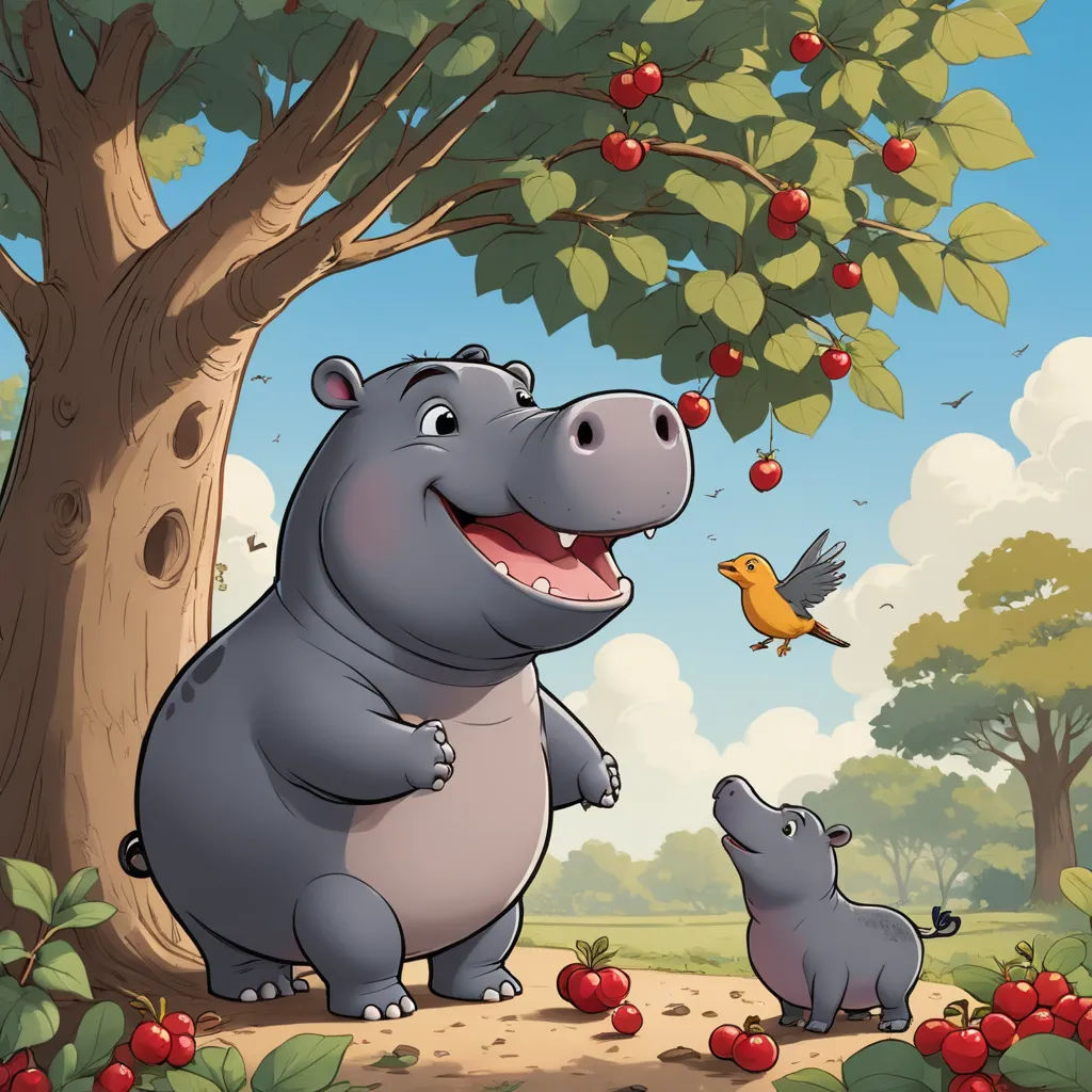 a hippo and two baby hippos under a tree with apples on it and a bird flying by, private press, a storybook illustration, Chris LaBrooy, storybook illustration