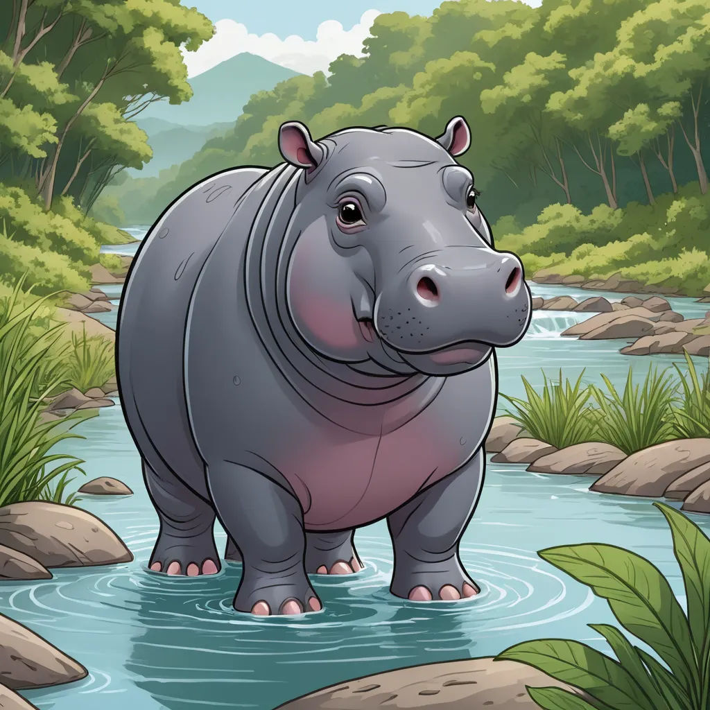 a hippo standing in a river surrounded by rocks and trees with a forest in the background and a stream running through it, sots art, a character portrait, Amédée Ozenfant, trending on furaffinity