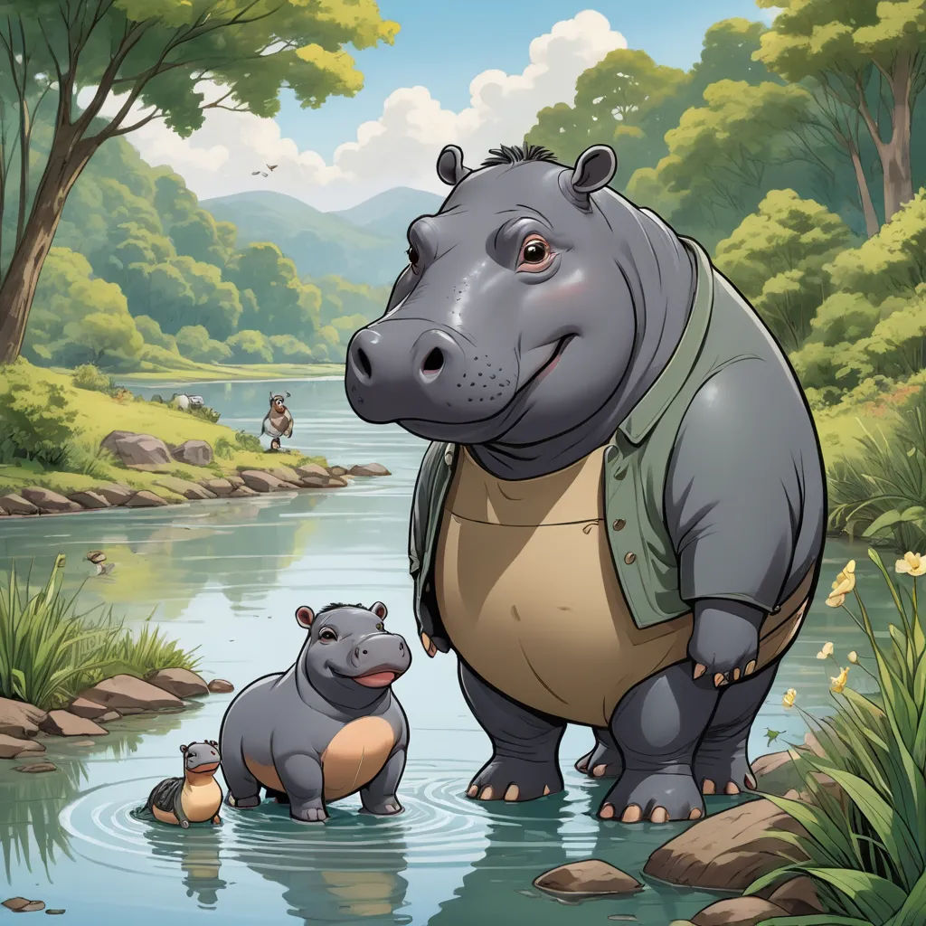 a hippo and a baby hippo in a river with a man in the background on a sunny day, furry art, a storybook illustration, Diego Gisbert Llorens, storybook illustration