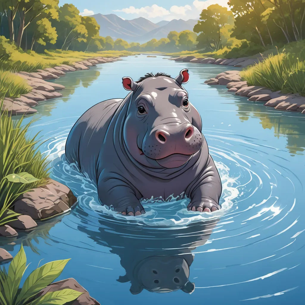 a hippo is in the water near a small pond with rocks and grass on the shore and a mountain in the background, american scene painting, a storybook illustration, Chris LaBrooy, storybook illustration