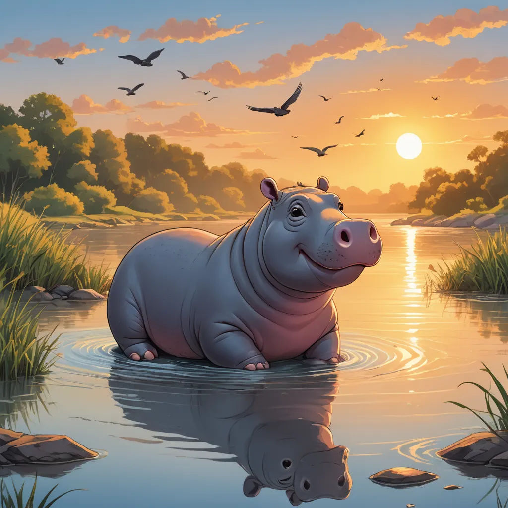 a hippo is sitting in the water at sunset with birds flying around it and a bird flying above it, magic realism, a storybook illustration, Chris LaBrooy, official art